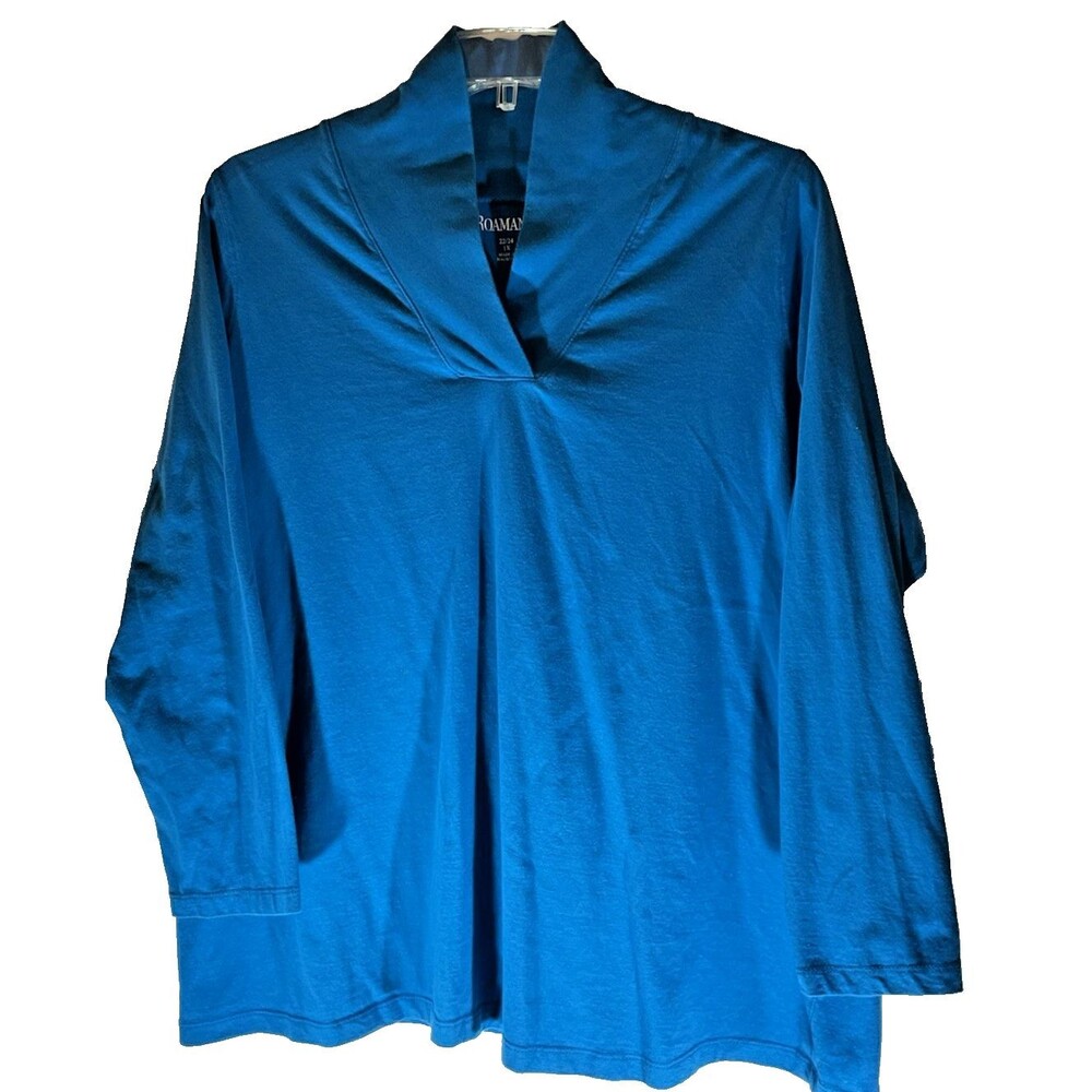 Roaman's Shirt Top Long Sleeve Cowel Neck Blue Size 22/24 Stretch Comfy Cozy EUC